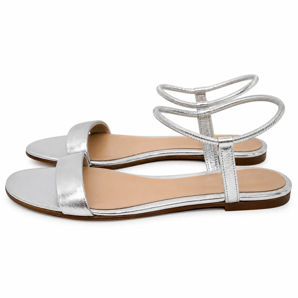 Gianvito Rossi Jaime Silver Metallic Leather Ankle Strap Flat Sandals 36.5